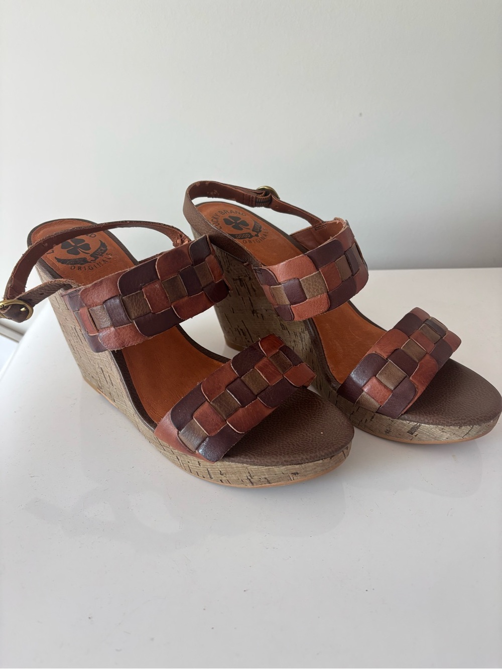 Lucky Brand Brown Multi-Tone Woven Leather Cork Wedges